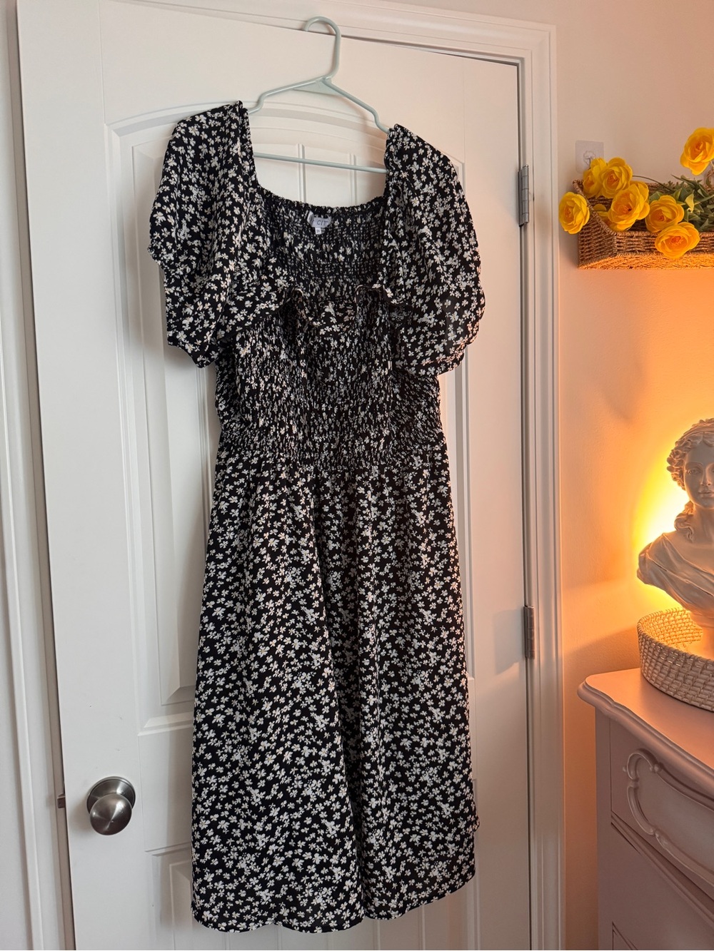 Smocked Black Floral Midi Dress with Puff Sleeves
